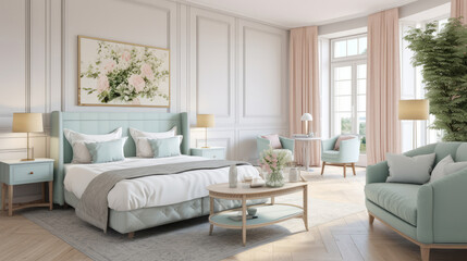 Hotel room in Provence style in pastel colors with a picture in a frame.