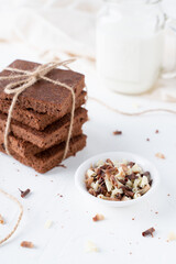 Homemade brownies on a white background. Cakes with chocolate and cocoa.
