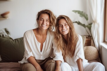 Obraz premium two beautiful young women entrepreneurs smiling and sitting in living room
