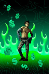 Queer style. Young guy in extraordinary cloth over dollar symbols on green flame background....