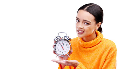 Frustrated, clock and portrait of woman with alarm on isolated, png and transparent background....