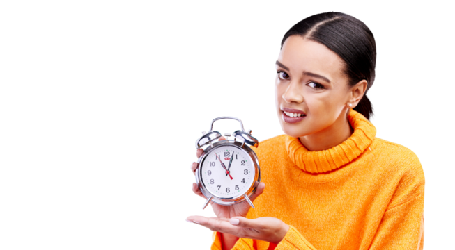 Frustrated, clock and portrait of woman with alarm on isolated, png and transparent background. Time management, angry and annoyed person with watch for schedule, appointment and late for deadline