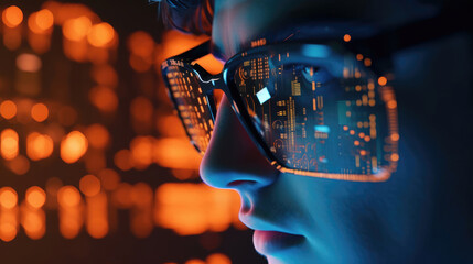 Close-up of a line of code reflecting in their glasses