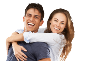 Happy, portrait and couple in piggy back or hug with love on isolated, transparent or png background and laughing together. People, embrace or man support woman with smile and happiness on face