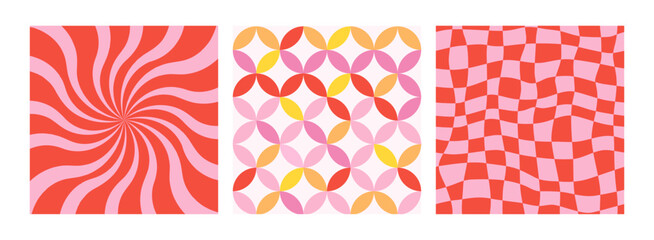 Obraz premium Groovy background set. 1970 daisy flowers, trippy grid geometric backgrounds. Set in red colors. Psychedelic abstract vector Illustration. Seventies style flat design, hippie retro aesthetic. 