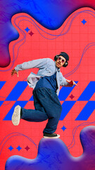 Young man in sport style clothes listening to music in headphones and dancing over abstract...