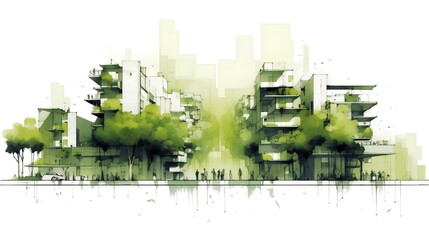 An illustrative concept showcasing a green, sustainable urban area. The image features eco friendly buildings and lush greenery.