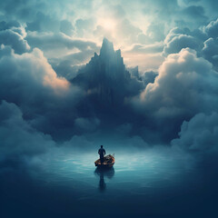 Fantasy landscape with a man in a boat on the water.