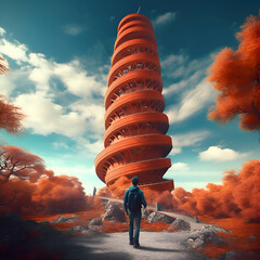 Man standing in front of a giant city tower. 3D rendering