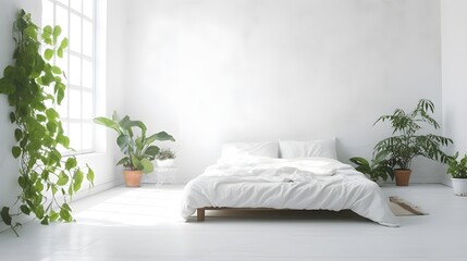 Luxury comfortable bedroom with house plants