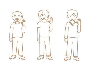 Set of people (elderly man, young woman, young man) with ok gesture in line art style.