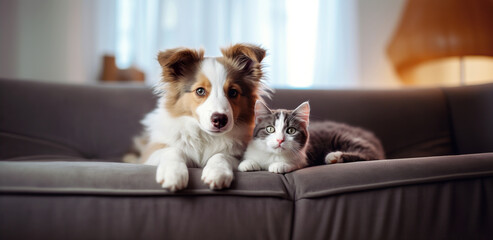 Dog and cat together on the sofa.