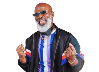 Portrait, success and yes with a senior black man isolated on a transparent background as a winner. Wow, sunglasses and attitude with an elderly person on PNG to gesture in celebration of a bonus