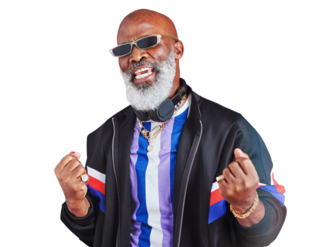 Portrait, success and yes with a senior black man isolated on a transparent background as a winner. Wow, sunglasses and attitude with an elderly person on PNG to gesture in celebration of a bonus - Powered by Adobe