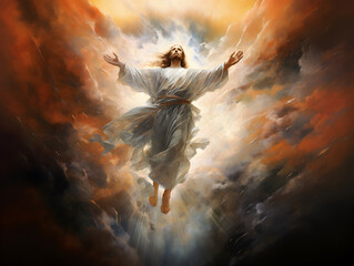 Resurrected Jesus Christ ascending to heaven. God, Heaven and Second Coming concept