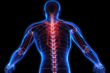 Lower and upper back pain highlighted in blue and red. Person with back pain. Medical concept.