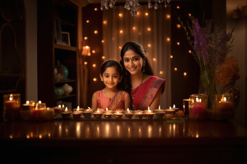Indian woman celebrating diwali festival with her little girl at home.