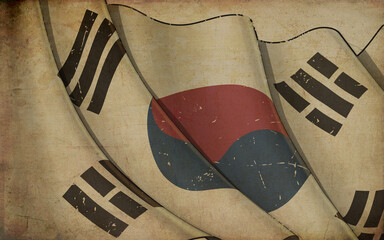 Old Paper Print - Waving Flag of South Korea
