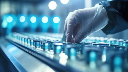 Close-up photo of a hand checking medical vials on the production line at the pharmaceutical factory in a sterile environment - obrazy, fototapety, plakaty