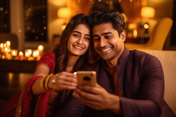 Indian couple using smartphone at home