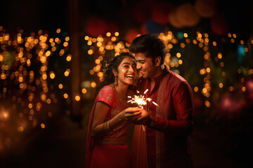 Obraz na płótnie Canvas indian couple holding sparkle or fulzadi in hand and celebrating diwali.