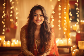 Indian woman giving happy expression and celebrating diwali festival.