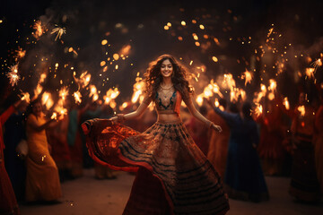 Indian woman giving happy expression and celebrating diwali festival. - obrazy, fototapety, plakaty