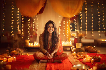 Indian woman giving happy expression and celebrating diwali festival
