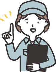 Obraz premium 帽子をかぶった作業服の女性がバインダーを持って説明をしているイラスト