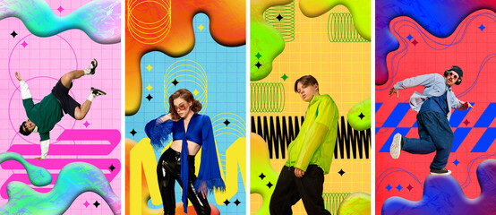 Collage made with young people, men and women in stylish clothes over abstract colorful background....