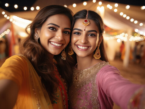 Two indian woman giving happy expression and celebrating diwali festival.