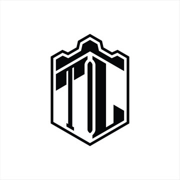 recommend clip art: TL Letter Logo monogram hexagon shield shape crown castle with outline style design
