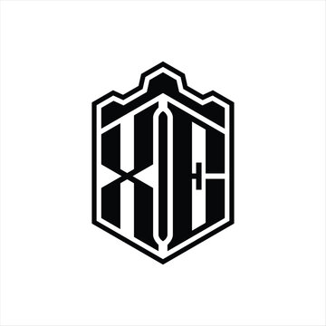 recommend clip art: XE Letter Logo monogram hexagon shield shape crown castle with outline style design