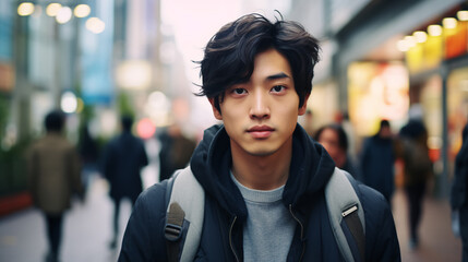 a young Japanese man engrossed in his smartphone amidst the bustling cityscape, seamlessly merging with the digital rhythm of the metropolis. 