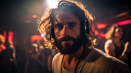 a Brazilian DJ in a vibrant nightclub, surrounded by pulsating lights and electronic beats, orchestrating a sonic journey that elevates the spirits of the dancers around him. 