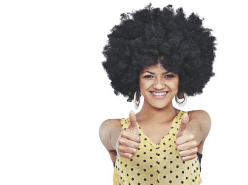 Woman, smile and retro with thumbs up, portrait and isolated on transparent png background. Happy female, face and 70s style with afro, vintage and fashion for motivation, like and agreement by yes