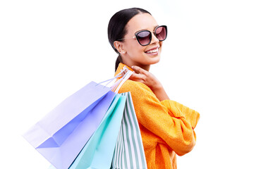 Retail, shopping and woman with bag and sunglasses on isolated, png and transparent background....