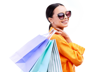 Retail, shopping and woman with bag and sunglasses on isolated, png and transparent background. Boutique sale, mall and happy person with smile excited for discount, clothes deal and fashion bargain