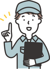 帽子をかぶった作業服の男性がバインダーを持って説明をしているイラスト