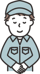 帽子をかぶった作業服の男性がにこやかにおじぎをするイラスト