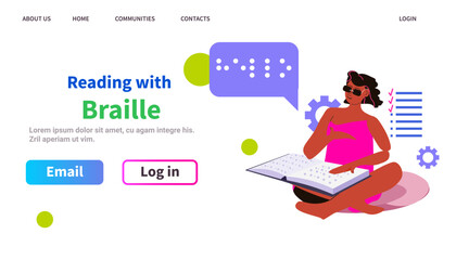 bling woman reading with braille alphabet people with disabilities concept horizontal