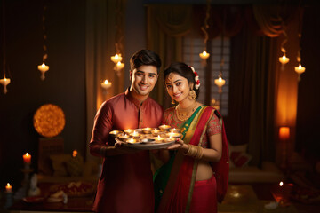 Indian couple celebrating diwali festival together at home