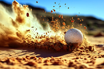 White golf ball causes sand to splash and grains of sand to fly when it hits the ground - obrazy, fototapety, plakaty