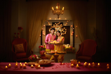 Indian couple celebrating diwali festival together at home