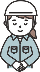 ヘルメットをかぶった作業服の女性がにこやかにおじぎをするイラスト