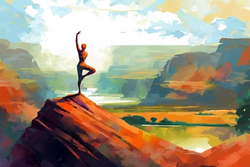 Poster Frau macht Yoga Übungen auf einem Berg © paganin