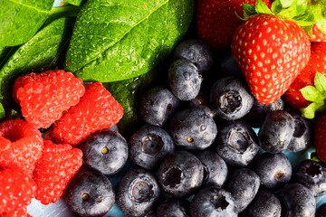 Fresh organic blueberries and raspberries. Blueberry and raspberry.Healthy eating,diet concept