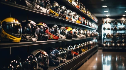 Deurstickers A display of motorbike helmets in a shop © didiksaputra