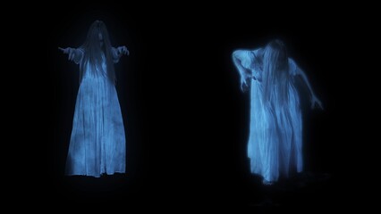 Full-size shot capturing two female figures, poltergeist, ghost silhouettes, hologram standing in front view, pulling their arms. Black background.