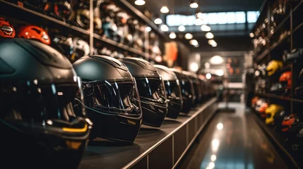 Fotobehang A display of motorbike helmets in a shop © didiksaputra